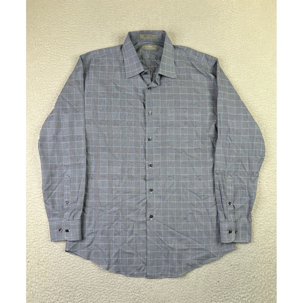Nordstrom Mens 16 32-33 Blue Gray Plaid Trim Fit Smartcare Wrinkle-Free‎ Shirt